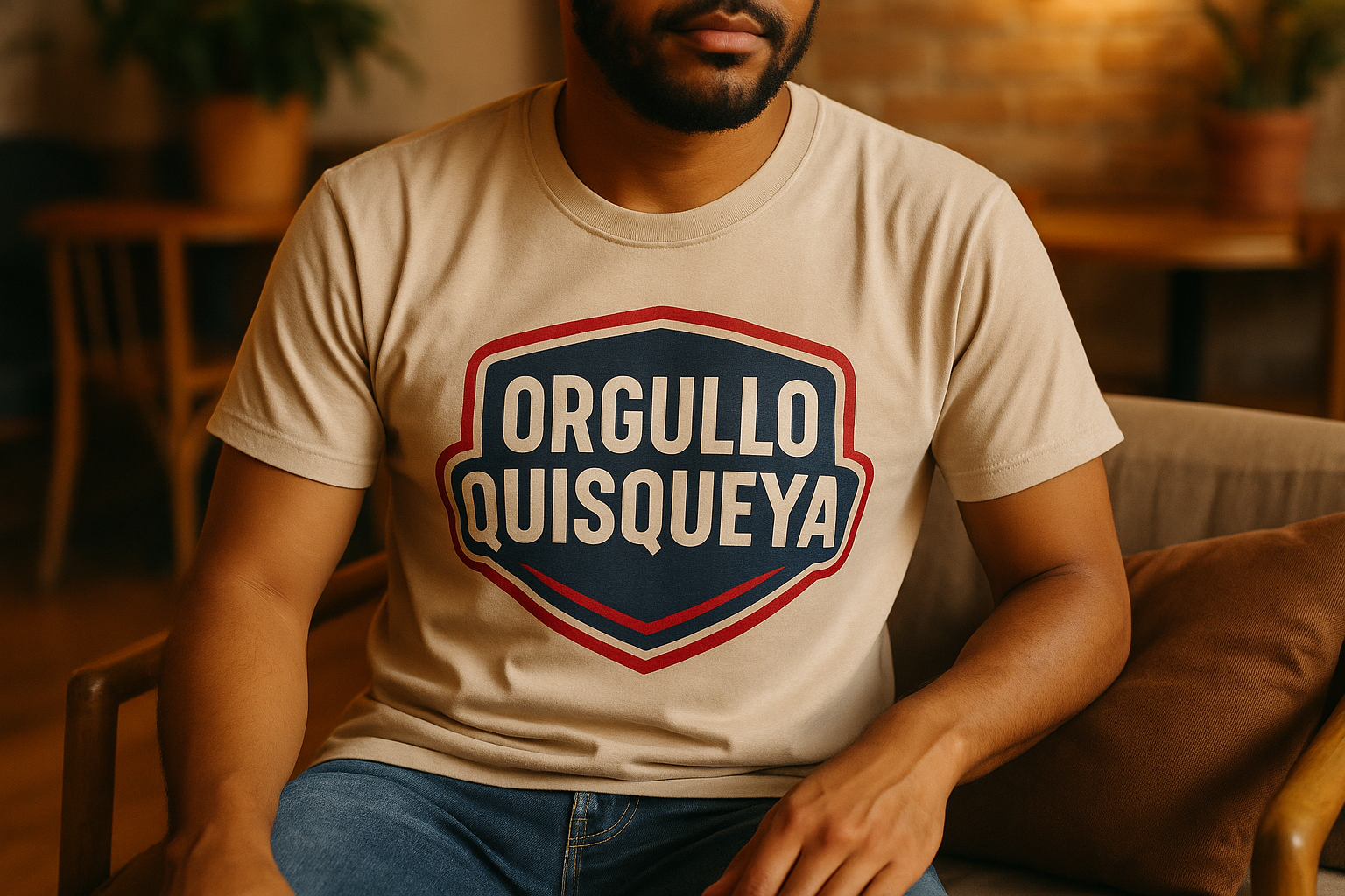 a lifestyle orgullo quisqueya logo image printed on tshirt